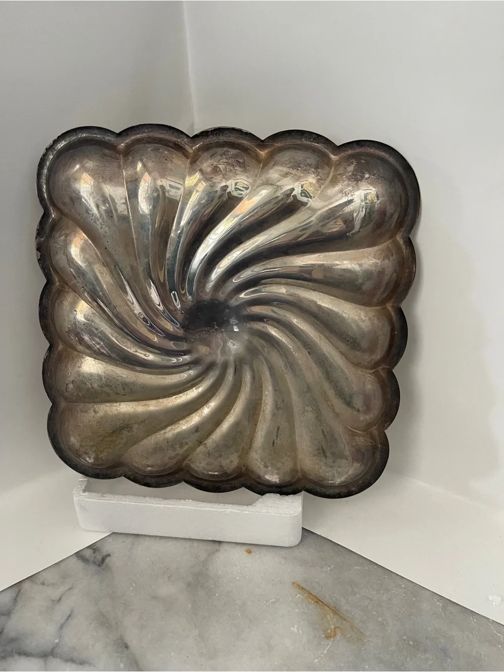Vintage English Silver Mfg Platter square Swirling scalloped Edge 12” Square